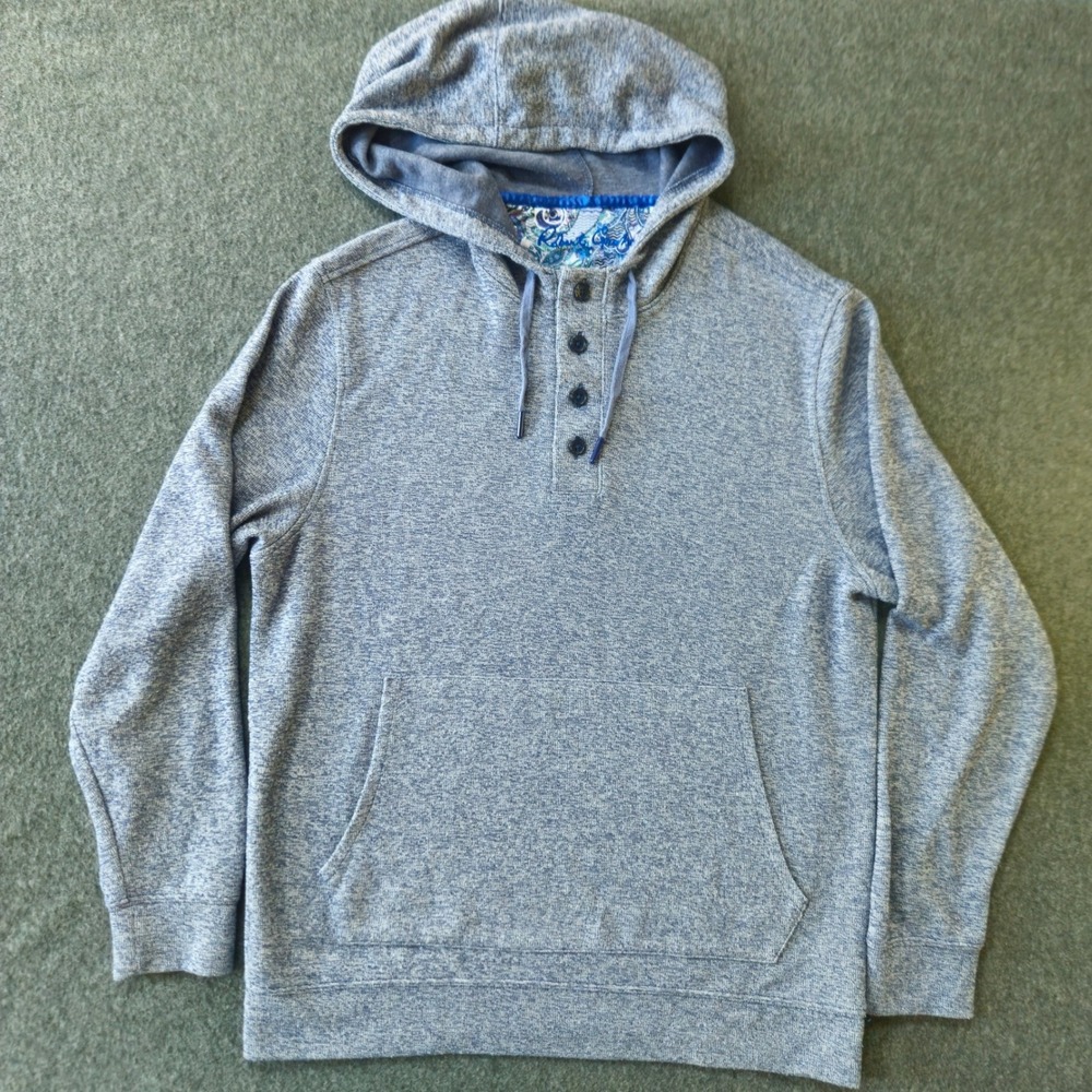 Robert Graham Henley Hoodie Mens L Blue Space Dye Paisley Trim Eclectic Grandpa
